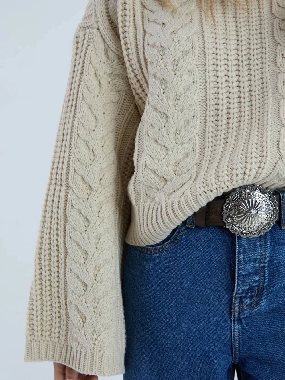 Cream Beige Argyle Print Cable Knit Sweater