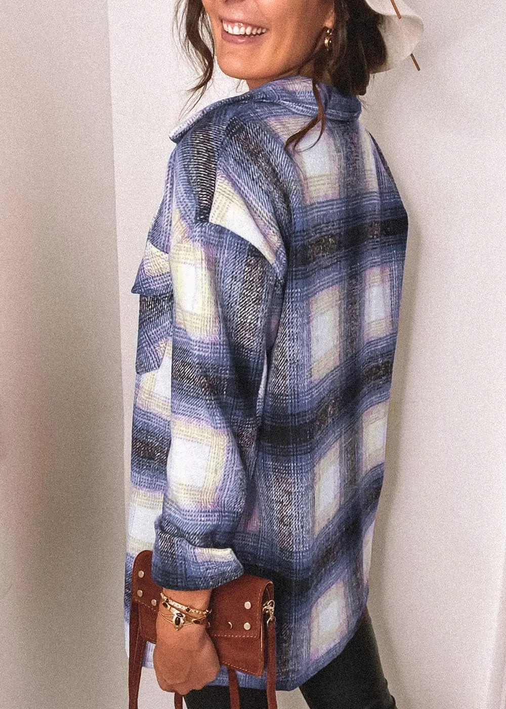 Women's 2023 Fall Clothes Plaid Shacket Jacket Long Sleeve Button Down Flannel Shirts Fashion Blouse