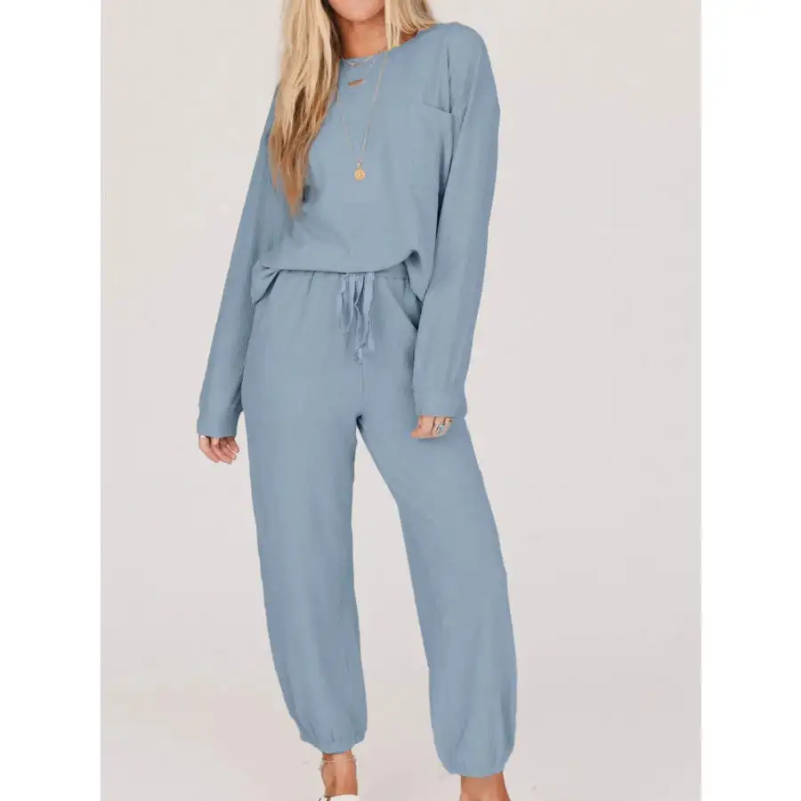 Ribbed Round Neck Sweatshirt and Drawstring Pants Set