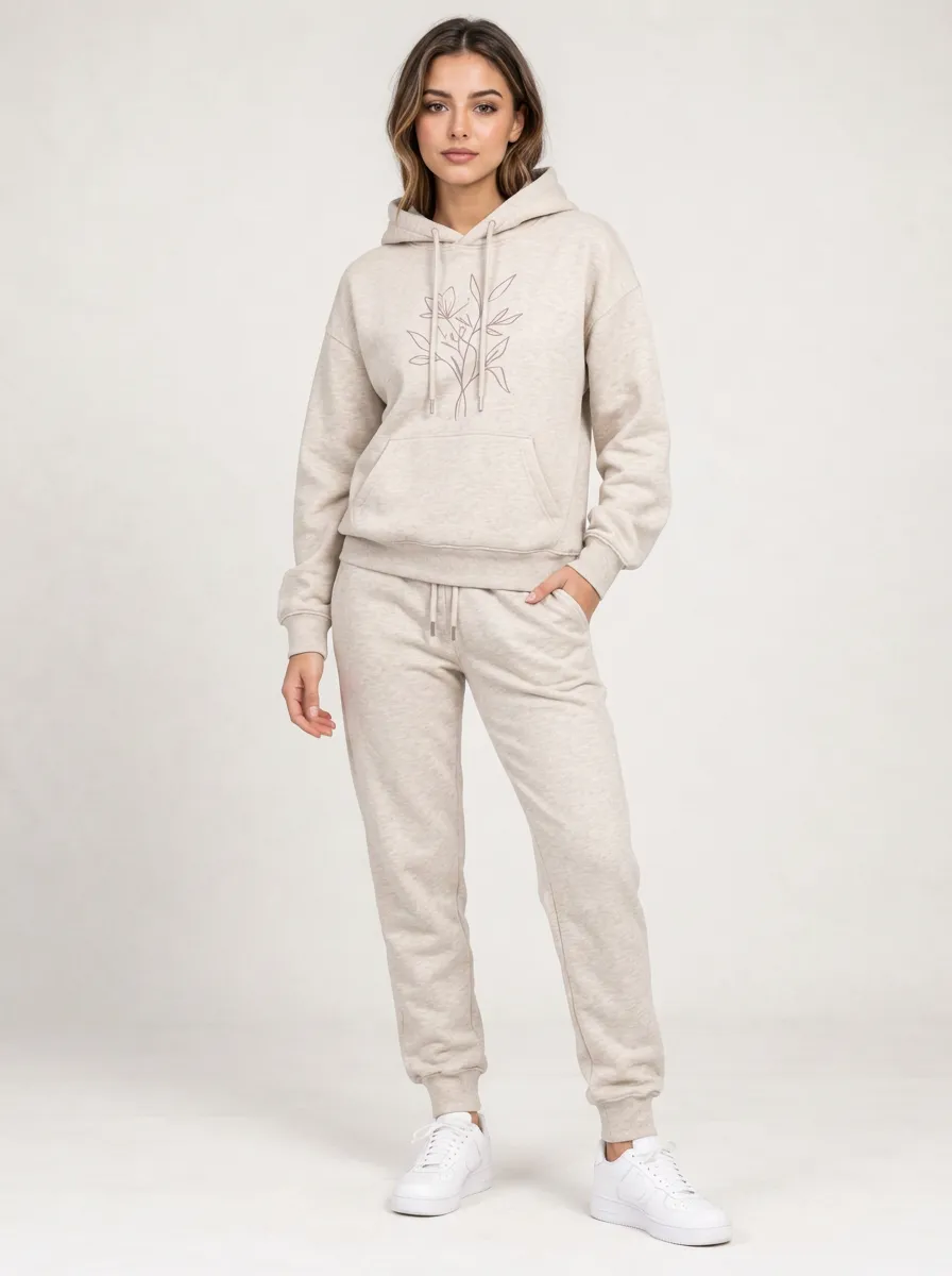 Women's Beige Solid Hoodie & Pants Set