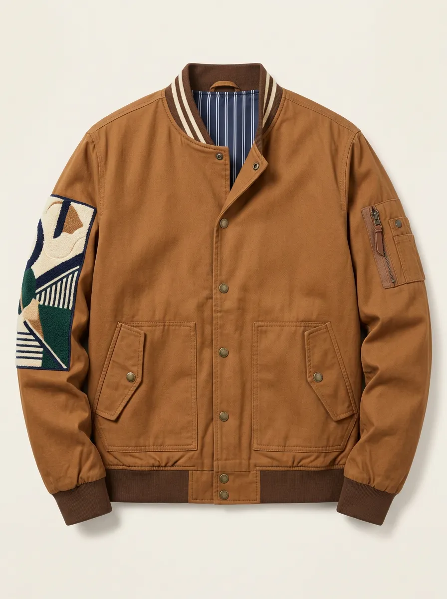 Men's Vintage Style Geometric Patchwork Printed Bomber Jacket