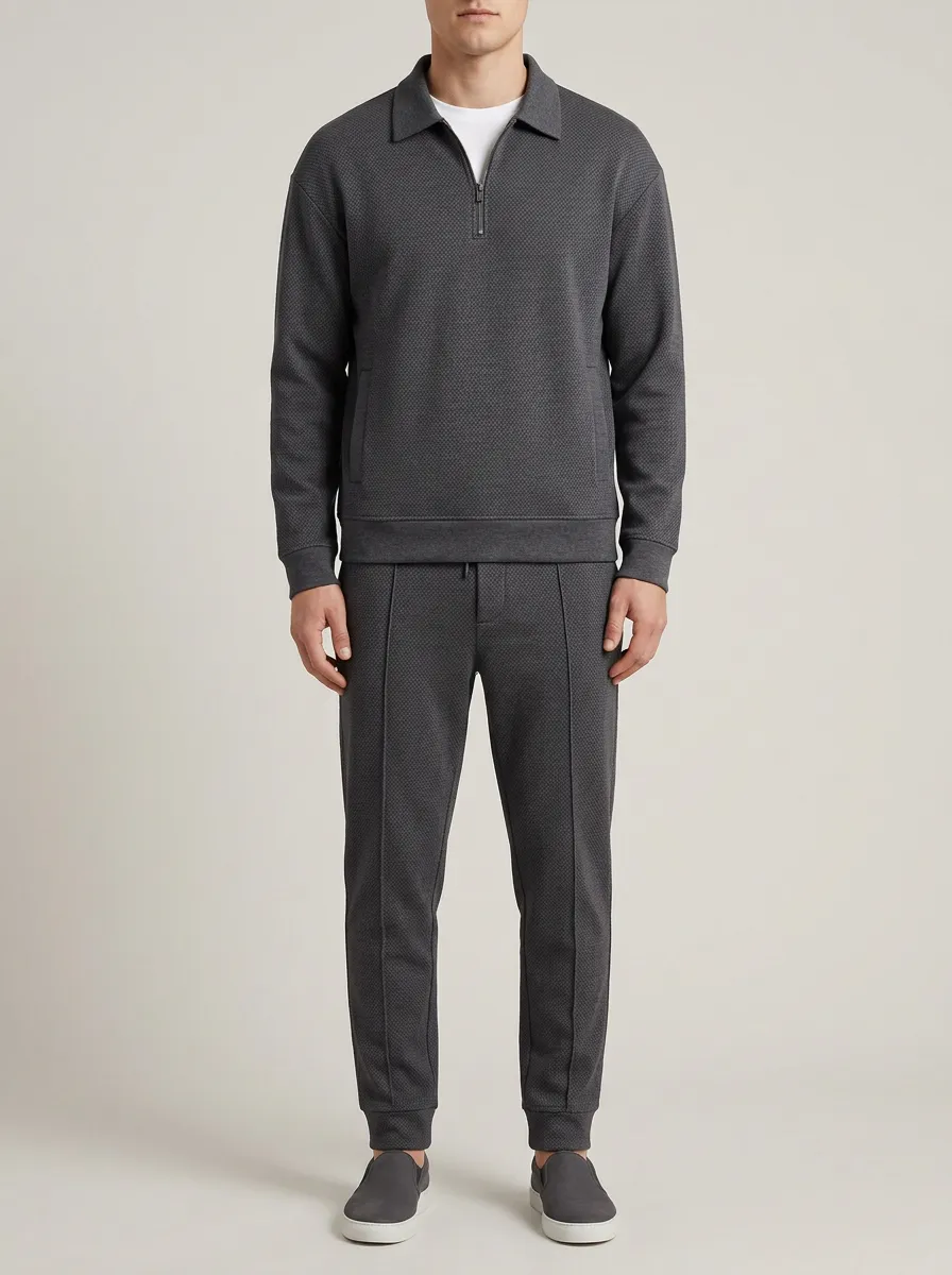 Men's Classic Textured Zip-Up Polo Collar Jacket and Jogger Pants Set