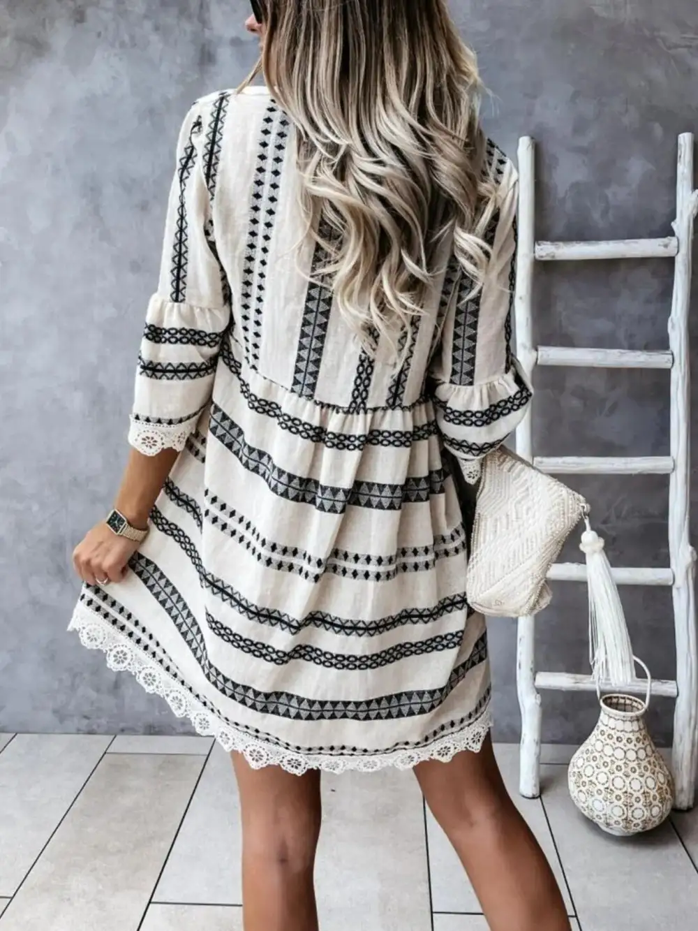 V-Neck Lace Trim Striped Midi Dress