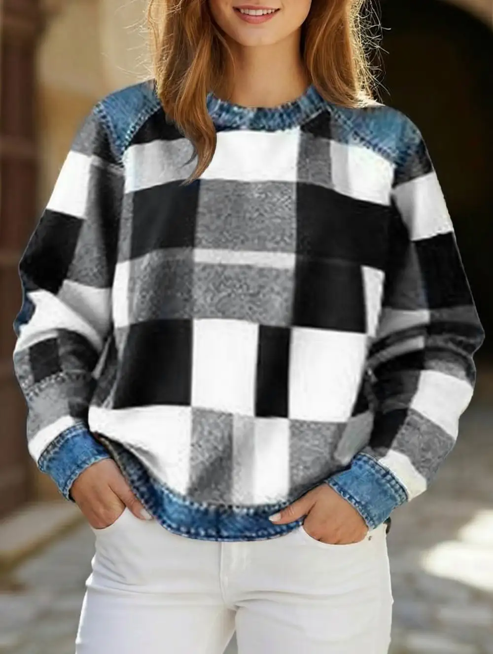 Retro Plaid Crew Sweatshirt