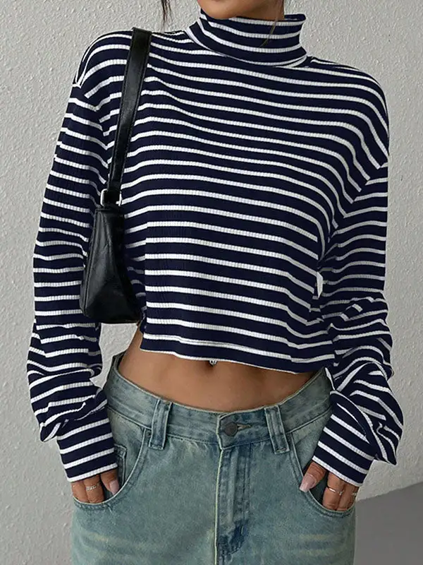 Long Sleeve Relaxed Contrast Panel Detail Stripe High Neck T-Shirt