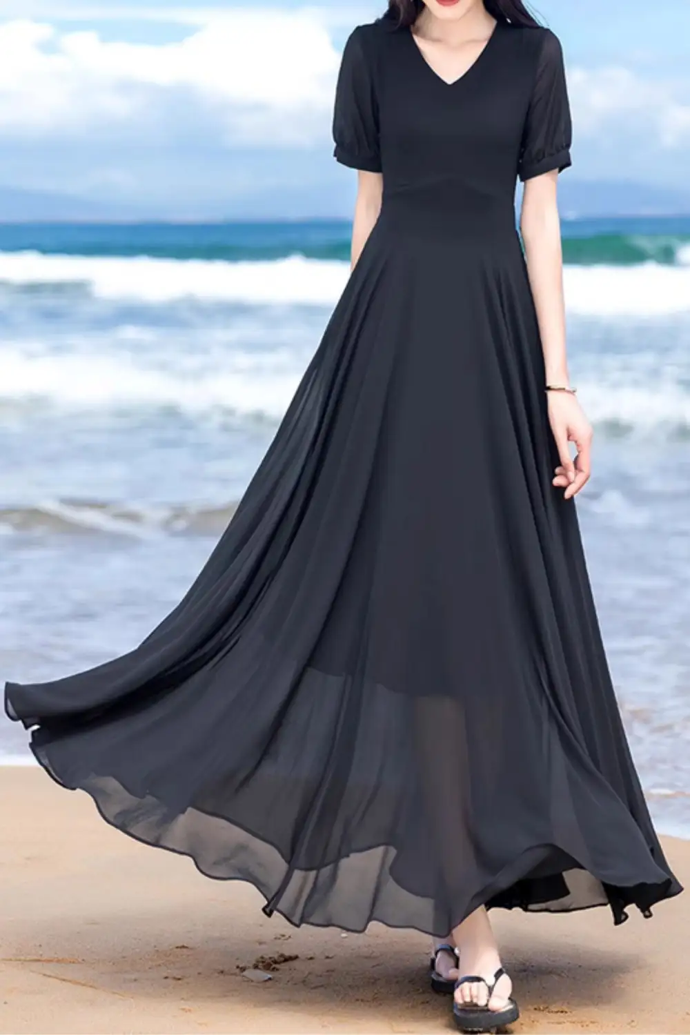 Refined Chiffon Fit And Flare V Neck Short Sleeve Maxi Dress