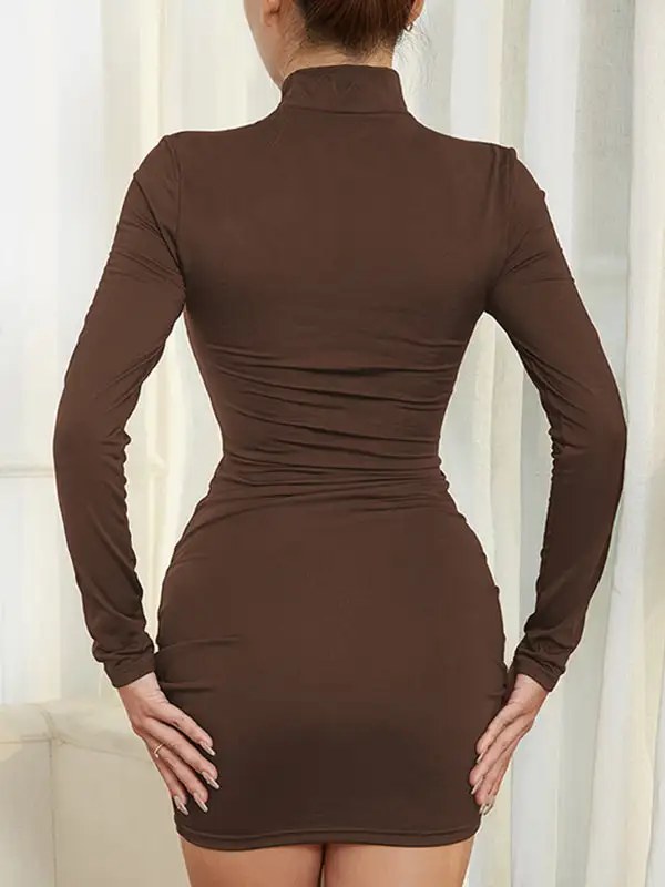 Bodycon High Waisted Drawstring Pleated Solid Color Mock Neck Mini Dress