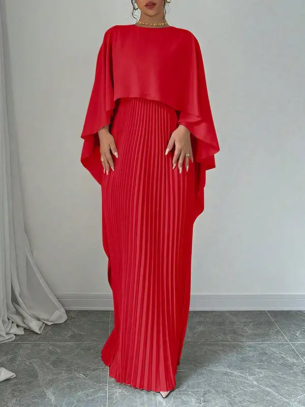 Versatile High Low Pleated Cape Maxi Dress