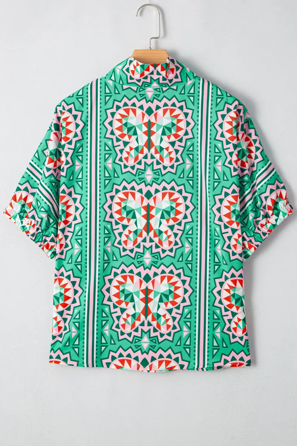 Sea Green Boho Abstract Print Contrast Striped Collared V Neck Blouse