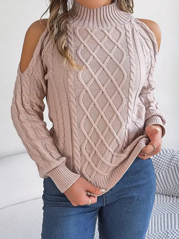 Openwork Cold Shoulder Long Sleeve Relaxed Fit Pullover Sweater