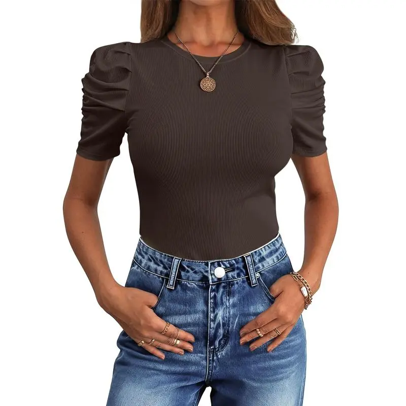 Women Puff Short Sleeve Crewneck Dressy Casual Tops