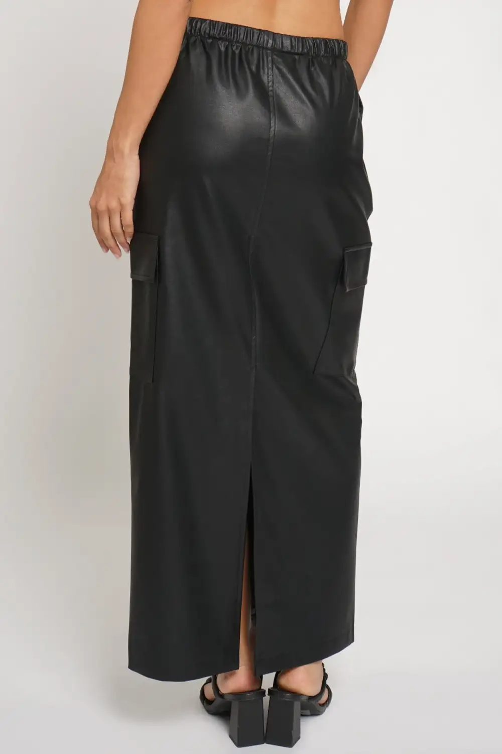 Faux Leather Cargo Maxi Skirt With Back Slit