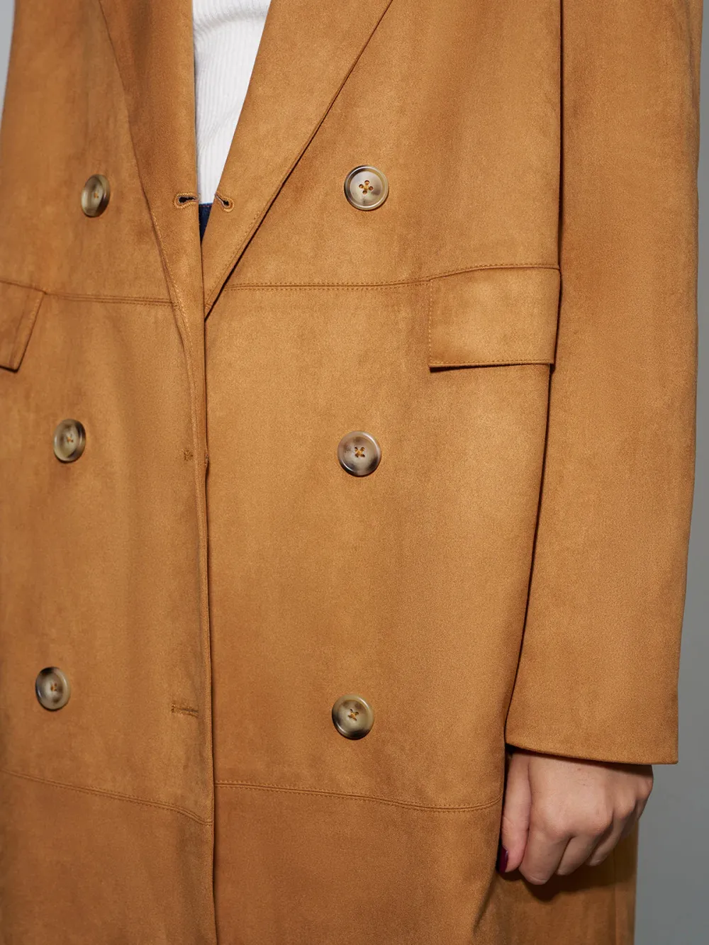 Suede Plain Double-Breasted Long Blazer