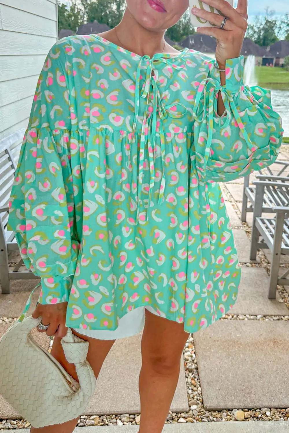 Abstract Lace Up Lantern Sleeve Babydoll Blouse