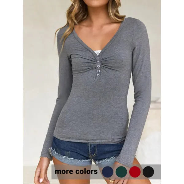 Women's Contrast Lace Button V Neck Tee