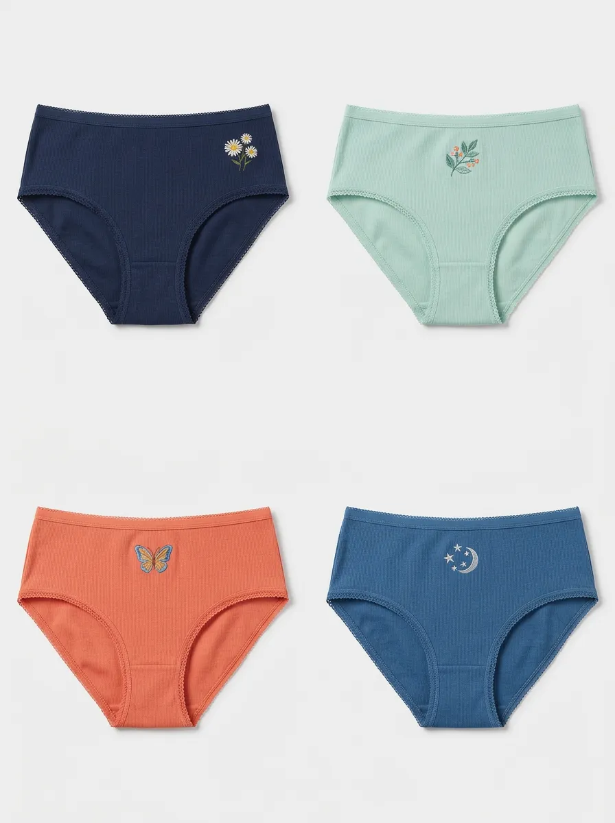 Women's Mid-Rise Ribbed Moon Butterfly Embroidered Briefs Four Pack