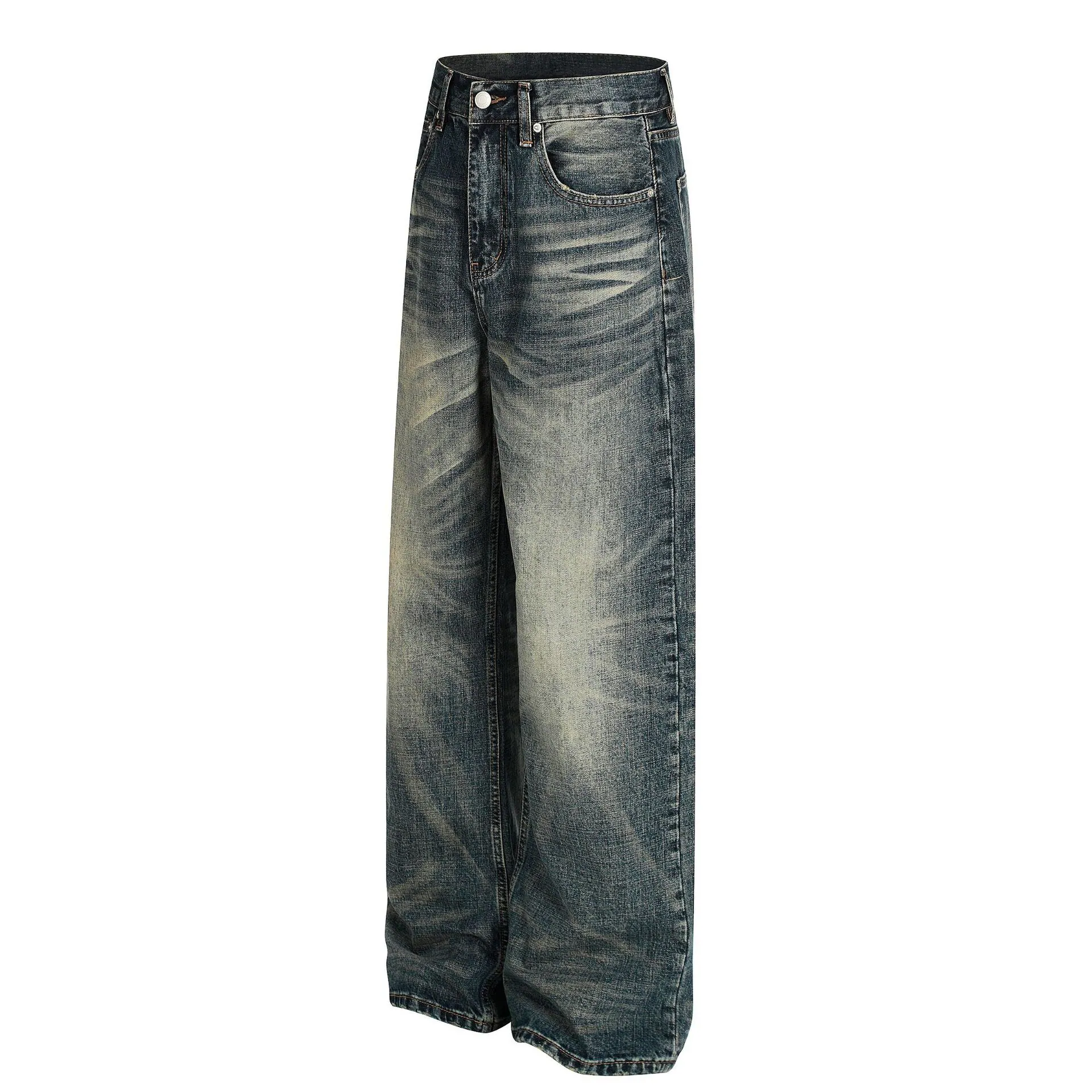 Distressed Washed Blue Whisker Denim Jeans