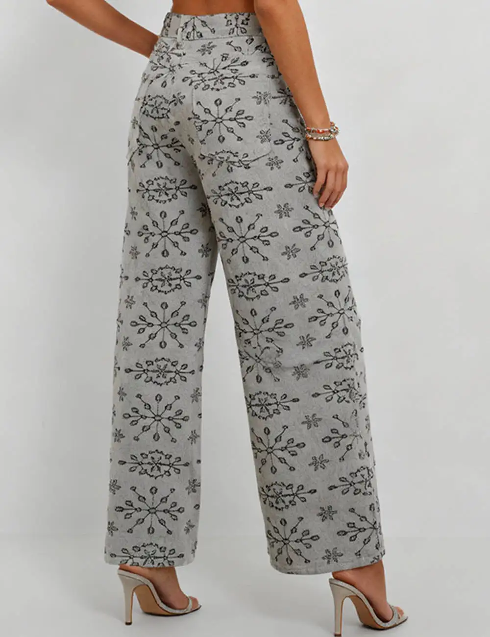 Geometric Jacquard Button Front Wide Leg Denim Pants