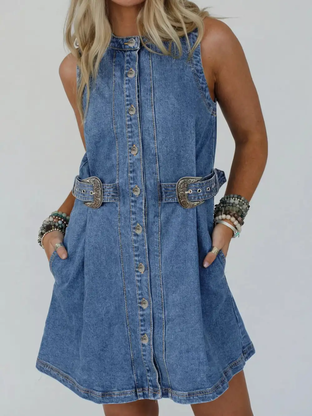 Denim Button Front Sleeveless Dress Casual