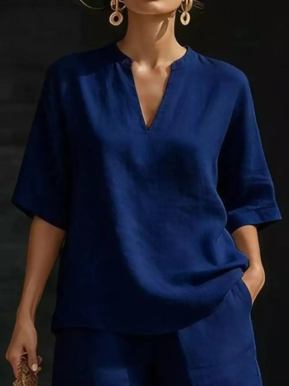 Notched Half Sleeve Top and Shorts Set