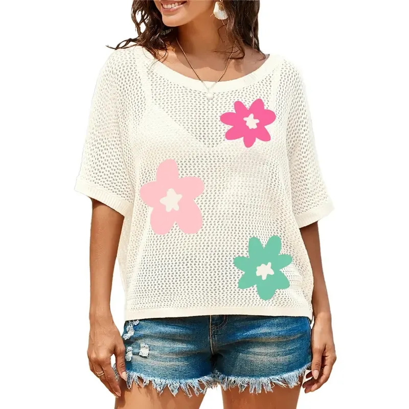 Women's Floral Short-Sleeve Crochet Top