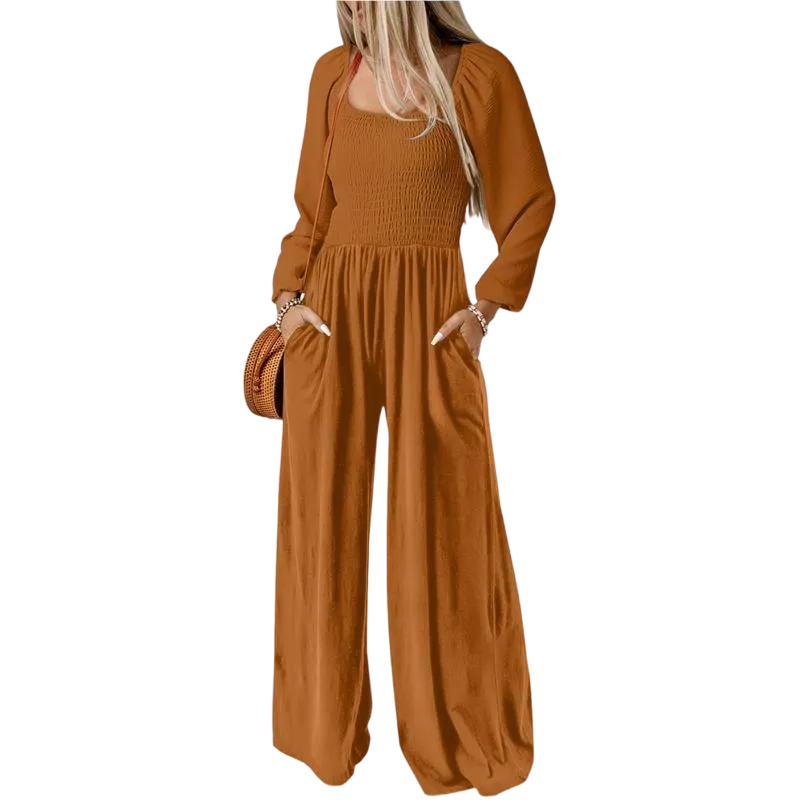 Women's Wide Leg Jumpsuit - Long Sleeve Loose Fit Overalls with Pockets