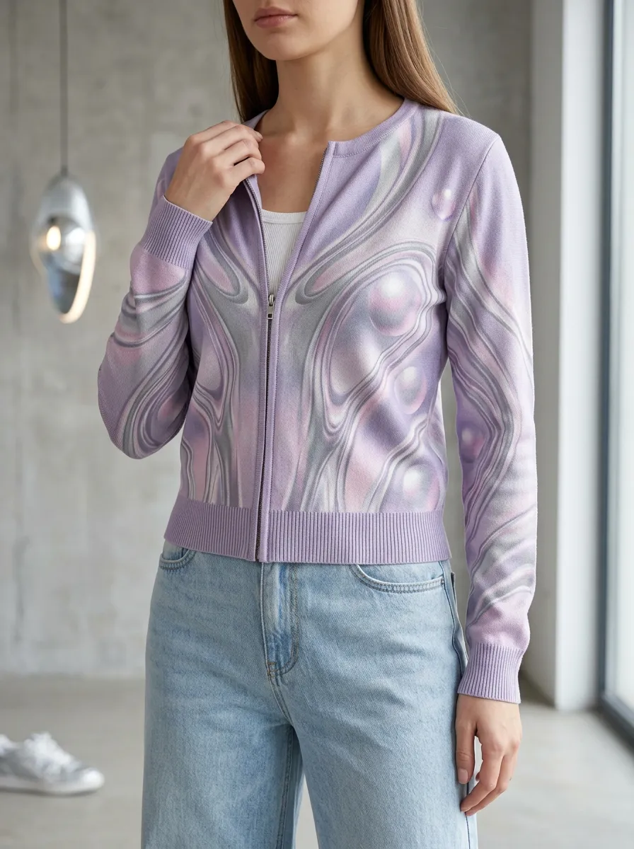 Women's Y2K Aesthetic Abstract Swirl Printed Zip-up Ribbed Trim Relaxed Layering Cardigan