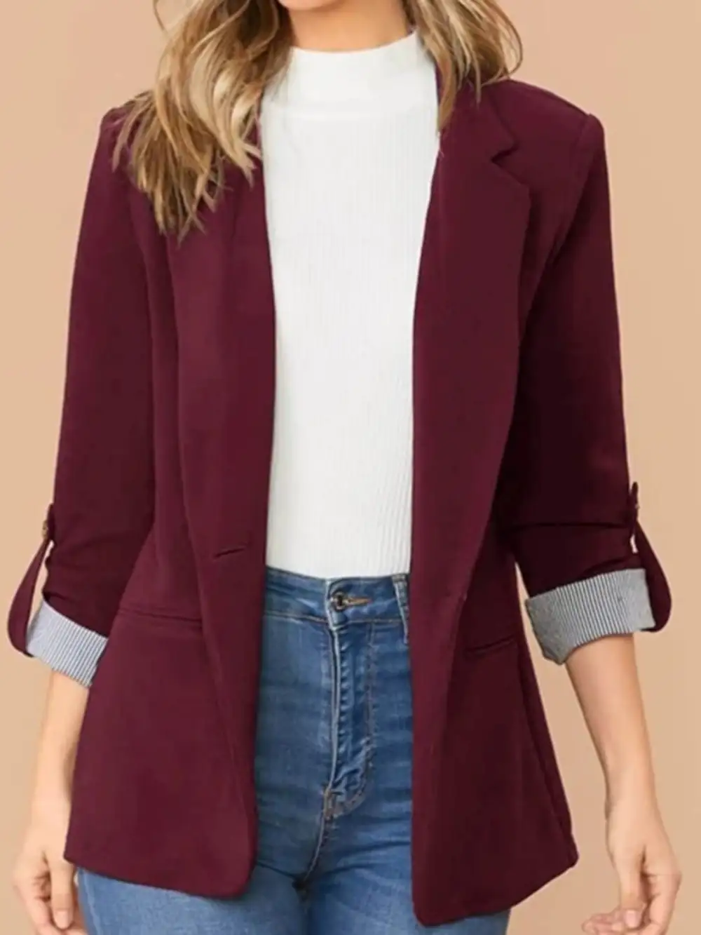 Lapel Collar Roll Tab Sleeve Blazer