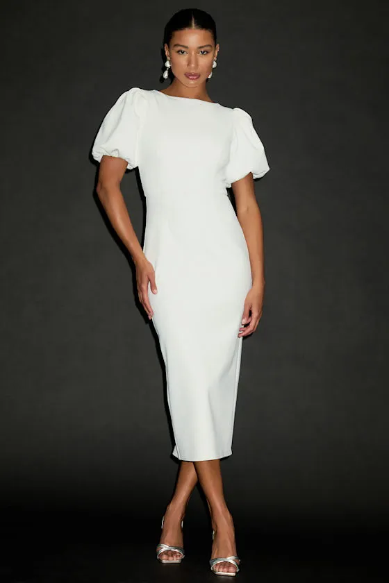 Simply Beloved White Puff Sleeve Bodycon Midi Dress