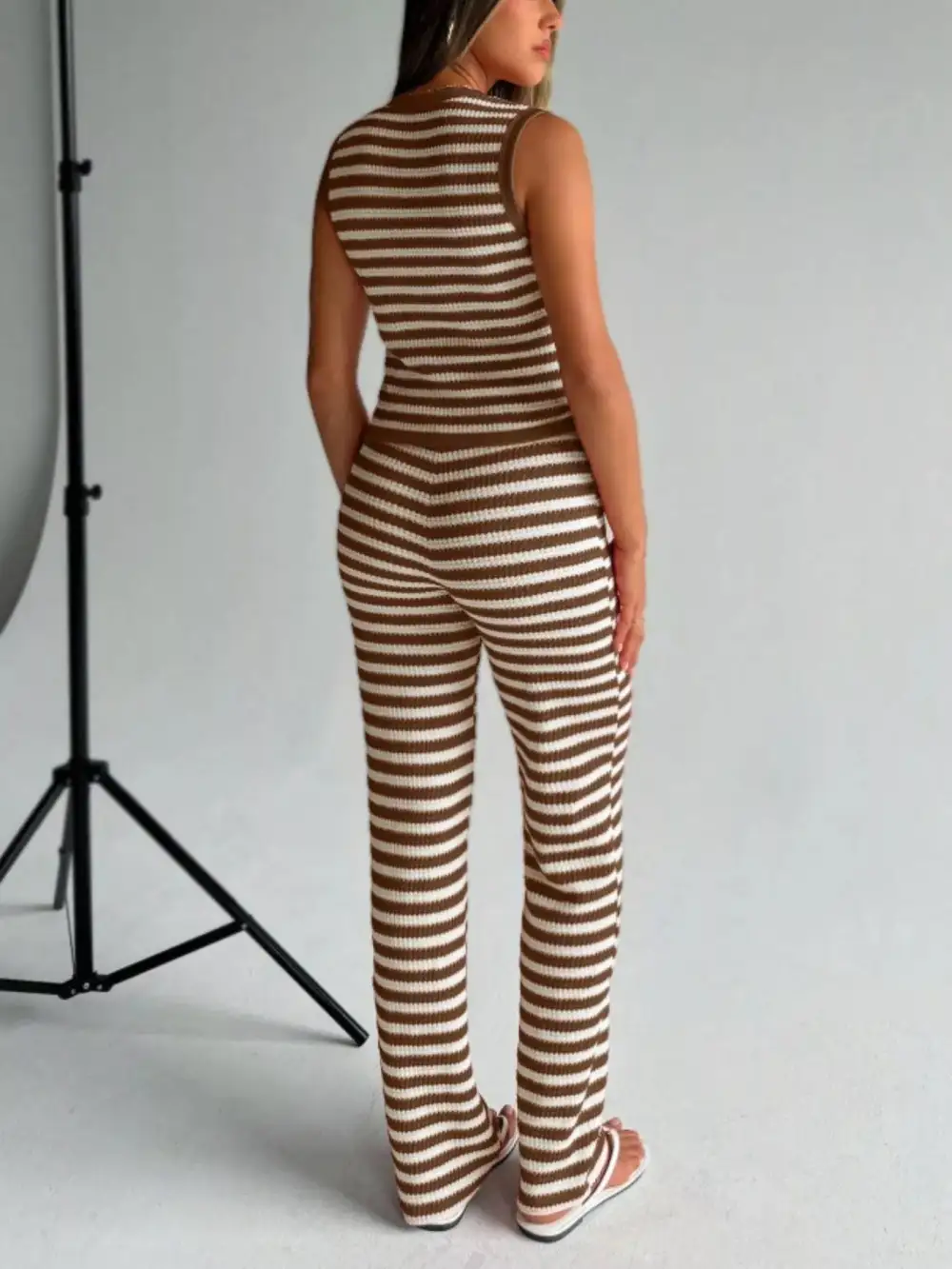Striped Knit V Neck Button Up Sleeveless Top and Flare Pants Set