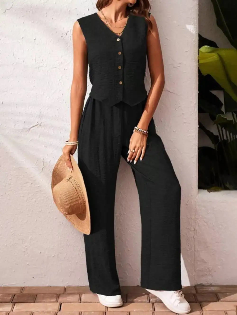 Button Down Vest & Wide Leg Pants Set