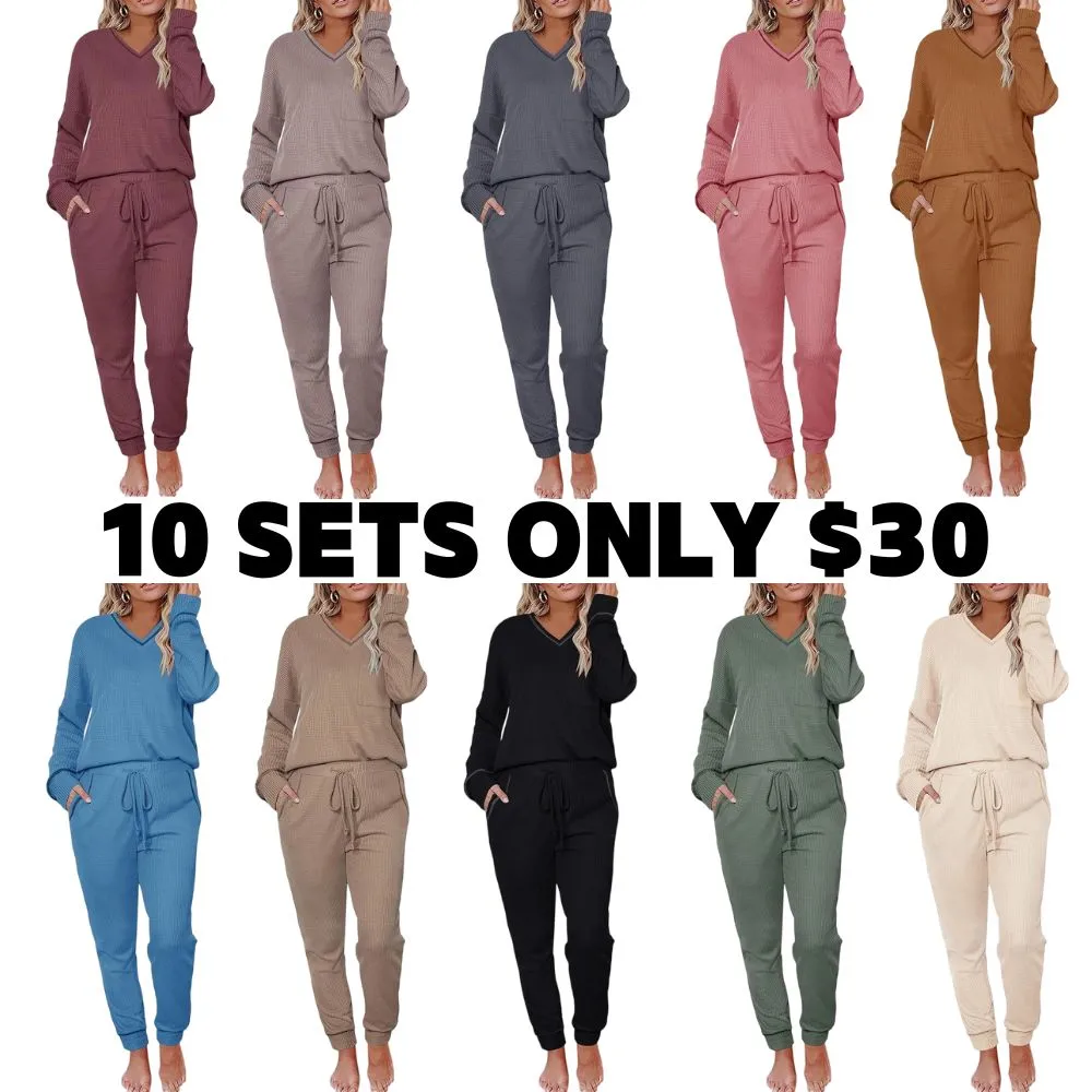 Women's Long Sleeve Knit Loungewear Set Jogger Pants Outfit