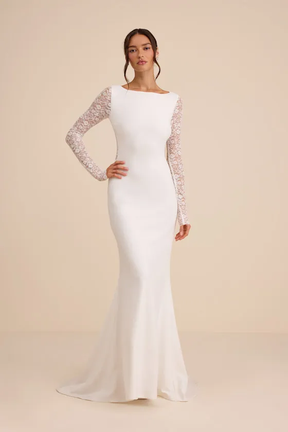 Brooks White Lace Boat Neck Mermaid Maxi Dress