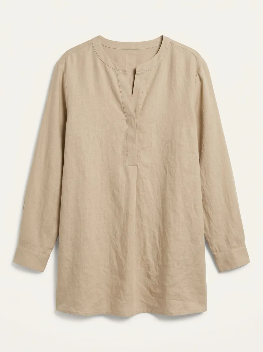 Women's Casual Beige Linen Blend Split Neck Long Sleeve Top
