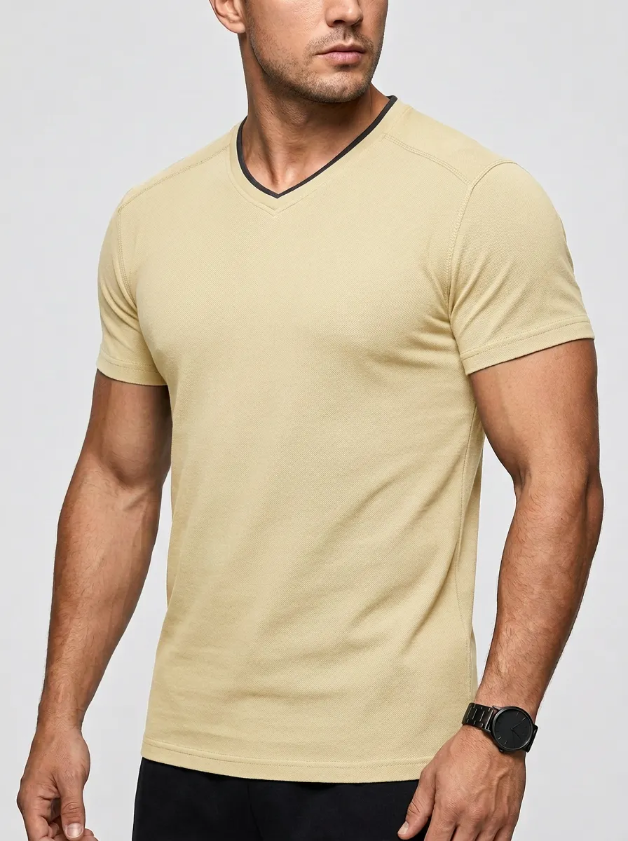 Minimal Textured Raglan Sleeve V-Neck Classic Look Men's Slim Fit Short Sleeve T-Shirt