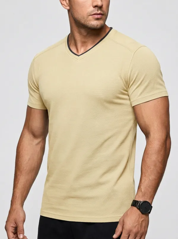 Minimal Textured Raglan Sleeve V-Neck Classic Look Men's Slim Fit Short Sleeve T-Shirt