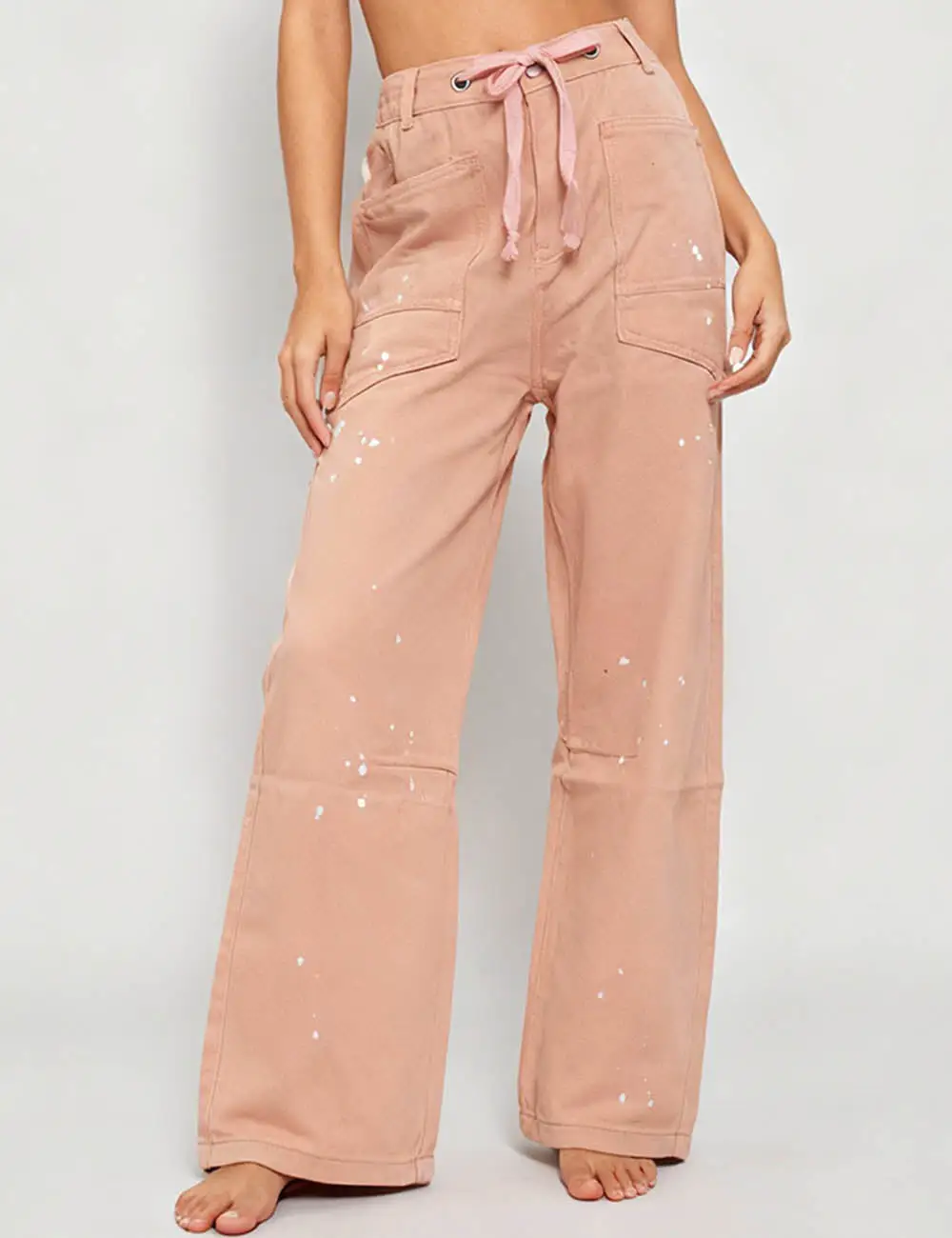Patch Pocket Paint Splatter Drawstring Wide Leg Denim Pants