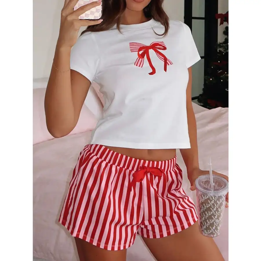 Printed Round Neck Short Sleeve Top and Drawstring Shorts Set