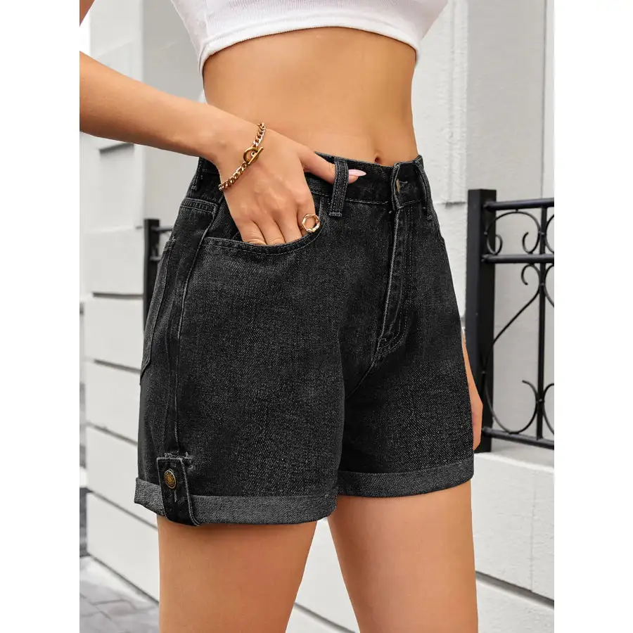 Buttoned Rolled Hem High Waist Pocketed Shorts