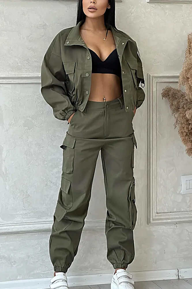 9PACK- Solid Color Pocket Jacket & Pants Two-piece Set