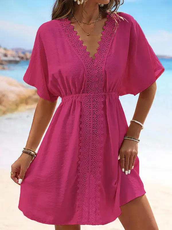 Batwing Sleeve Relaxed Elasticity See Through Split Joint V Neck Mini