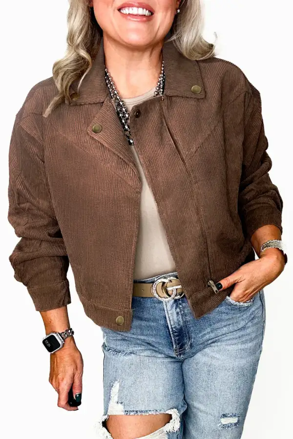Button Zip-Up Lapel Collar Corduroy Jacket