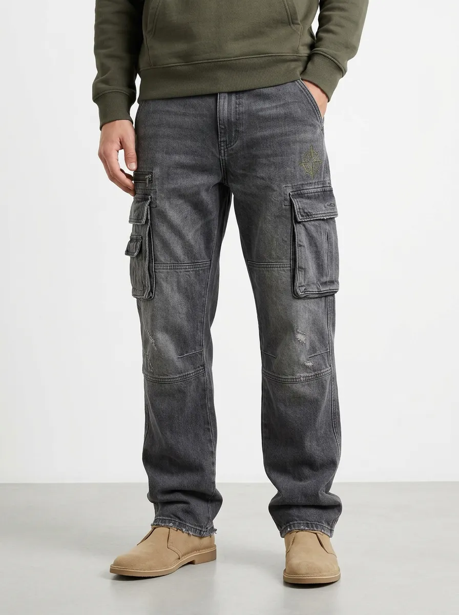 Men's Washed Grey Compass Detail Zip-Pocket Straight-Leg Denim Cargo Pants