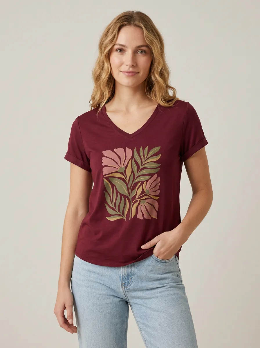 Soft Style Women's Botanical Floral V-Neck Graphic Tee