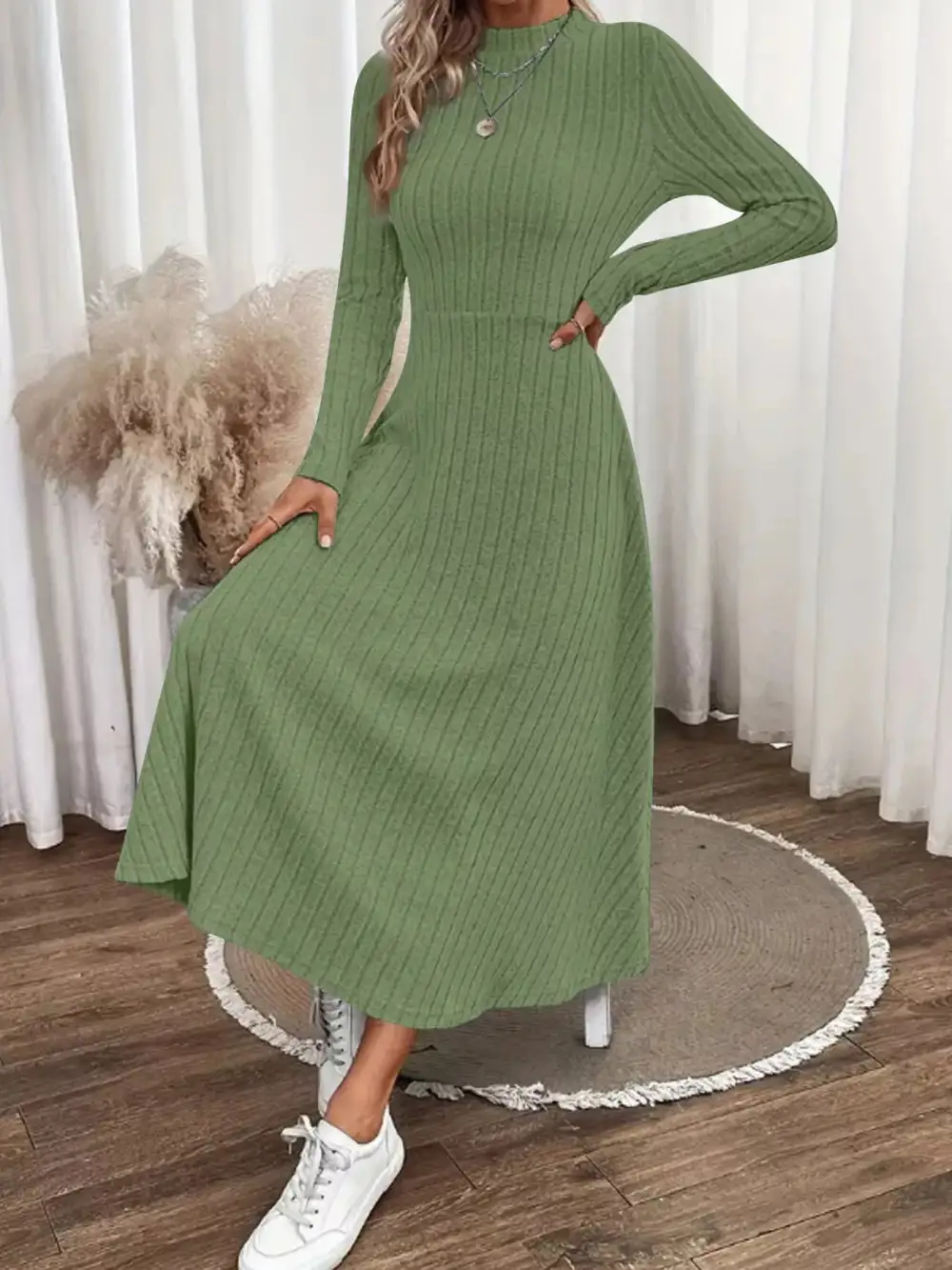 Drape Ribbed Knit Midi Dress