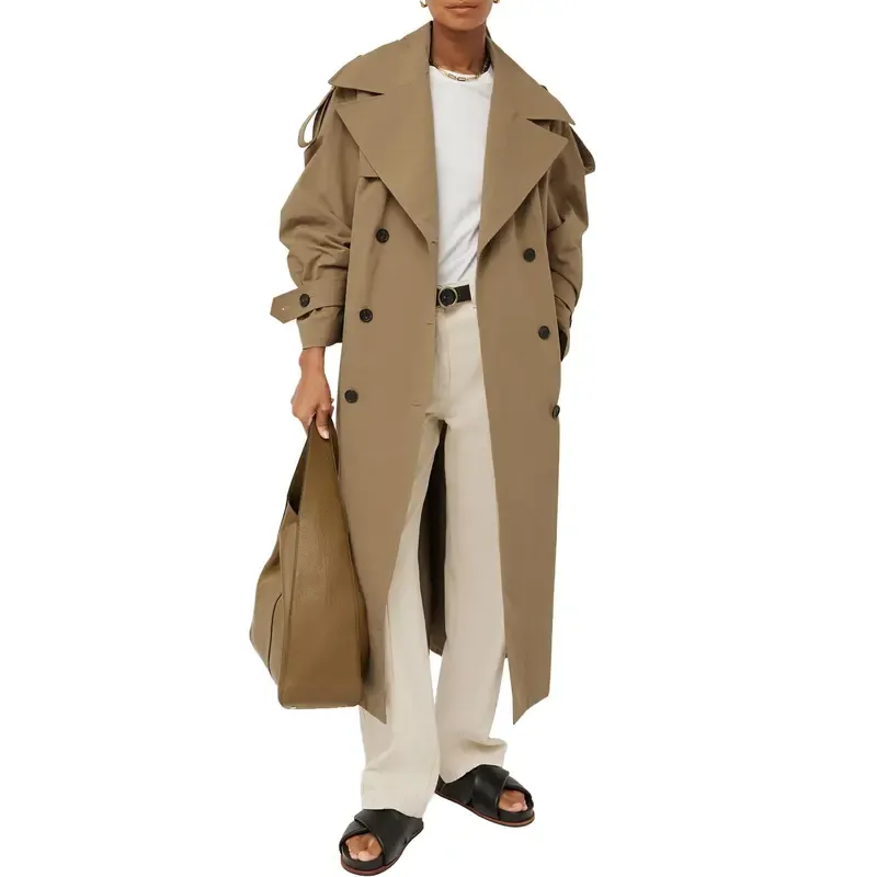 Womens Oversized Long Trench Coat Double Breasted Lapel Windproof Overcoat with Belt