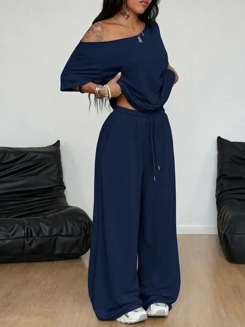 🔥Hot Sale💥Women's Off-Shoulder T-Shirt And Wide-Leg Pants Two-Piece Set🔥8-SETS- All Colors Included