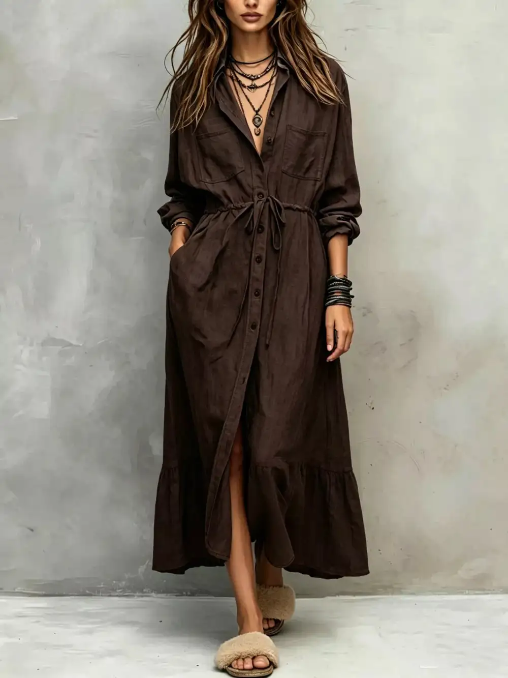 Button Front Long Sleeve Drawstring Waist Shirt Dress