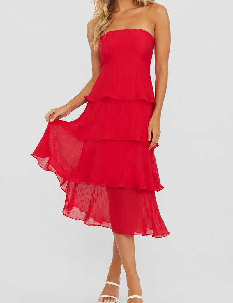 Chic Crinkle Strapless Tiered Ruffle Tube Midi Dress