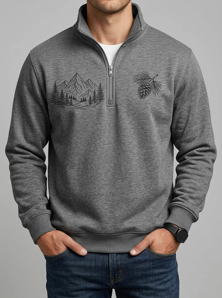 Men's Nature Mountain Pinecone Graphic Quarter-Zip-Neck Sweatshirt